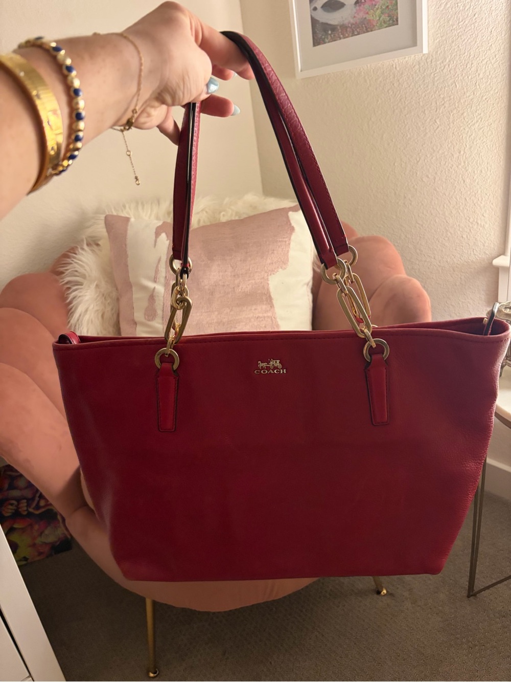 Coach Crimson Leather Tote with Gold Hardware